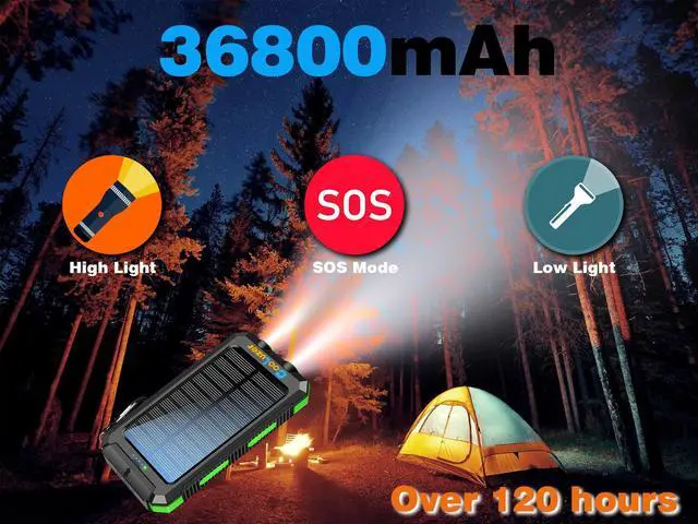 Alt view image 5 of 5 - Solar Power Bank 36800mah, Solar Charger Power Bank with 18W PD 5V 3.1A outputs, IP67 Waterproof, Grade A+ Battery with LED Flashlight and Compass, Perfect Camping Gear Accessory for Outdoor (Green)