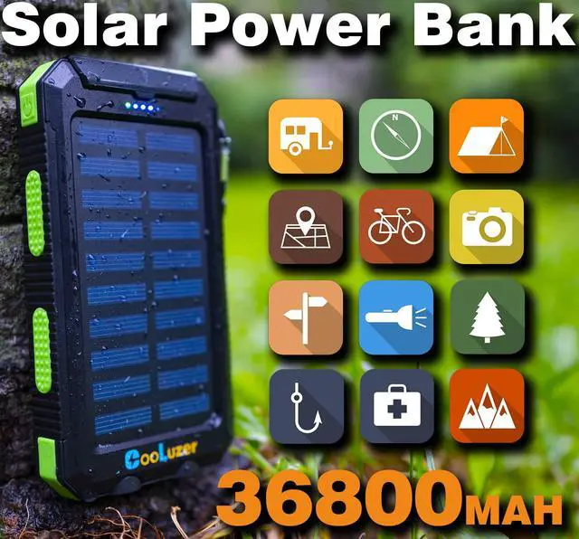 Alt view image 2 of 5 - Solar Power Bank 36800mah, Solar Charger Power Bank with 18W PD 5V 3.1A outputs, IP67 Waterproof, Grade A+ Battery with LED Flashlight and Compass, Perfect Camping Gear Accessory for Outdoor (Green)