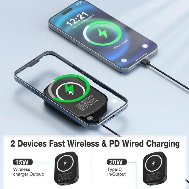 Alt view image 4 of 5 - TXQX Smallest Magnetic Wireless Portable Charger 8000mAh,Mag-Safe Battery Pack 20W PD Fast Charging, USB C in&Out Mini Magnetic Power Bank for iPhone 15/14/13/12/Pro/Mini/Pro Max (Black)