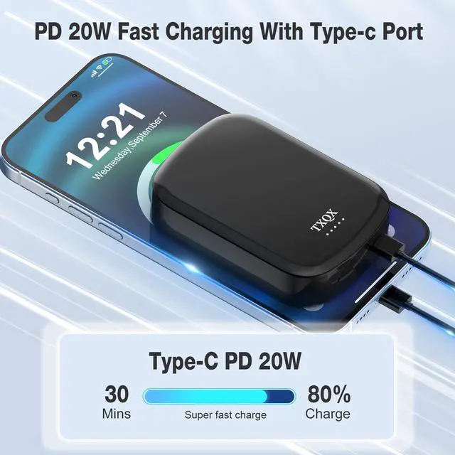 Alt view image 5 of 5 - TXQX Smallest Magnetic Wireless Portable Charger 8000mAh,Mag-Safe Battery Pack 20W PD Fast Charging, USB C in&Out Mini Magnetic Power Bank for iPhone 15/14/13/12/Pro/Mini/Pro Max (Black)