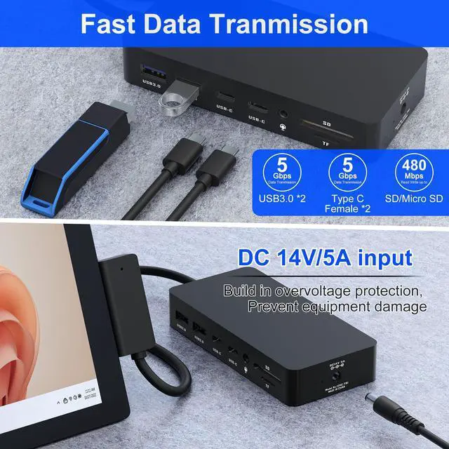 Alt view image 5 of 5 - 12-in-1 Surface Dock, Triple Display Support with 2 HDMI + VGA, Microsoft Surface Docking Station for Surface Pro 3/4/5/6/7/8/9/10/11/X, Laptop 1/2/3/4/5/6/7, Laptop Go 1/2/3, Book 1/2/3