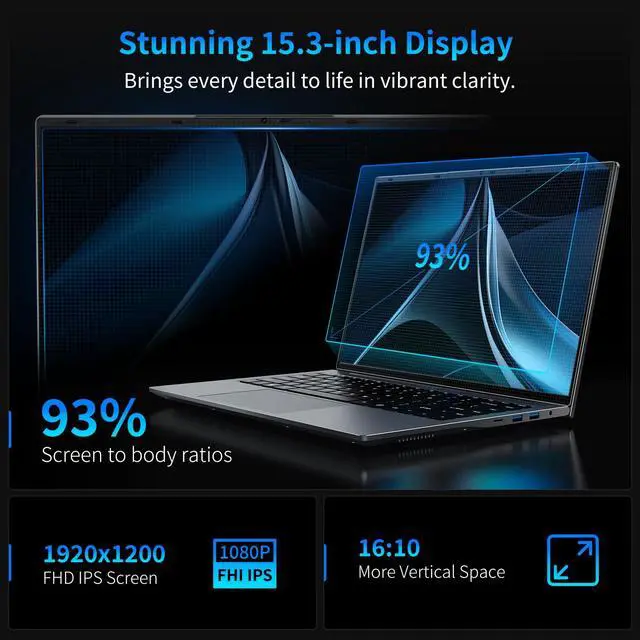 Alt view image 3 of 5 - BWPED 15.3" Core i5 Laptop, 24GB RAM, 512GB SSD, MS Office 2024, IPS(1920 x 1200) 16:10 Display Notebook Computer with BT5.0 Wi-Fi, 3xUSB A, HDMI, Non-Backlit Keyboard, Silver