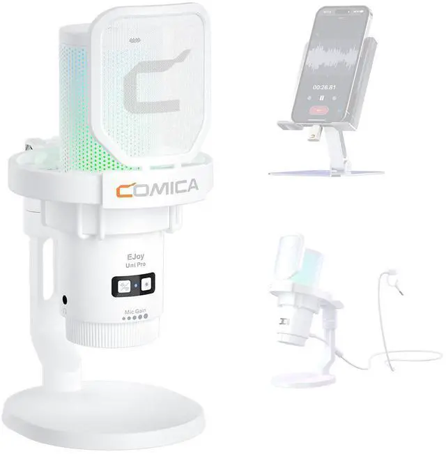 Main image of COMICA Ejoy Uni PRO(D) USB Wireless Gaming Microphone with Noise Cancellation, RGB Lights, Monitoring, Muting, Streaming Mic for Computer, PS5, PS4, Streaming, Podcast, Chat, Twitch, Discord(White)