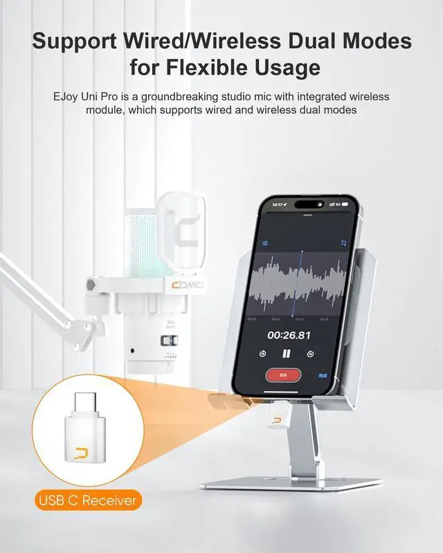 Alt view image 2 of 5 - COMICA Ejoy Uni PRO(D) USB Wireless Gaming Microphone with Noise Cancellation, RGB Lights, Monitoring, Muting, Streaming Mic for Computer, PS5, PS4, Streaming, Podcast, Chat, Twitch, Discord(White)