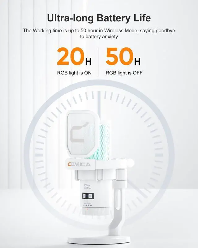 Alt view image 5 of 5 - COMICA Ejoy Uni PRO(D) USB Wireless Gaming Microphone with Noise Cancellation, RGB Lights, Monitoring, Muting, Streaming Mic for Computer, PS5, PS4, Streaming, Podcast, Chat, Twitch, Discord(White)