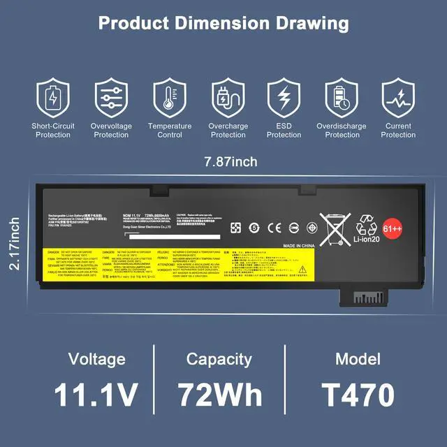 Alt view image 2 of 5 - EHECAPAR 01AV427 01AV425 72Wh 61++ Battery Compatible with Lenovo ThinkPad T480 T470 P51S P52S T570 T580 A485 A475 TP25 Series SB10K97584 01AV490 01AV492 01AV422 01AV428 4X50M08812 11.1V 72Wh