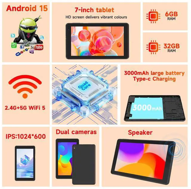 Alt view image 3 of 5 - BYANDBY Tablet 7 inch Android 15.0 Tablet, 6GB+32GB ROM 1TB Expand, Quad-Core, WiFi, GMS, Dual Camera, Educational, Games Black