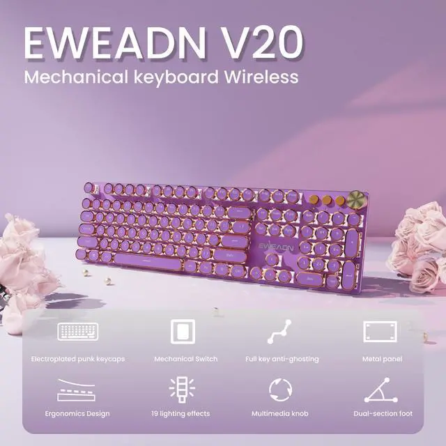 Alt view image 2 of 5 - EWEADN V20 Typewriter Keyboard Wireless, 104 Keys Typewriter Style Mechanical with White Backlit, Media Knob, Pink Switch 2.4G/Bluetooth/USB-C Wired Retro Full Size Keyboard for Windows/Mac/PC-Purple