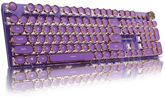 Main image of EWEADN V20 Typewriter Keyboard Wireless, 104 Keys Typewriter Style Mechanical with White Backlit, Media Knob, Pink Switch 2.4G/Bluetooth/USB-C Wired Retro Full Size Keyboard for Windows/Mac/PC-Purple