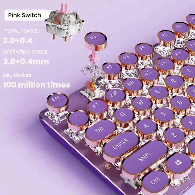 Alt view image 4 of 5 - EWEADN V20 Typewriter Keyboard Wireless, 104 Keys Typewriter Style Mechanical with White Backlit, Media Knob, Pink Switch 2.4G/Bluetooth/USB-C Wired Retro Full Size Keyboard for Windows/Mac/PC-Purple