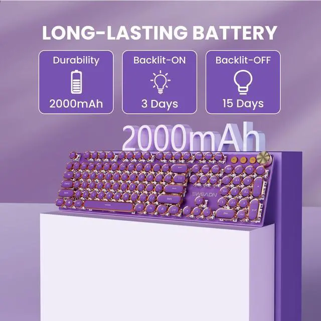 Alt view image 5 of 5 - EWEADN V20 Typewriter Keyboard Wireless, 104 Keys Typewriter Style Mechanical with White Backlit, Media Knob, Pink Switch 2.4G/Bluetooth/USB-C Wired Retro Full Size Keyboard for Windows/Mac/PC-Purple