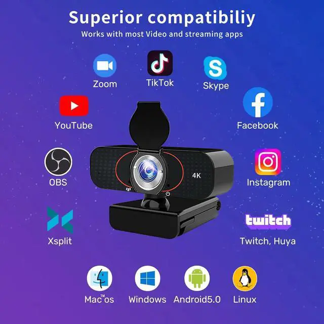 Alt view image 5 of 5 - weishin 4K Full HD Webcam, Built-in Mic, Tripod, Privacy Cover, Auto Light Correction, and Plug-and-Play USB. for Desktop PC or Laptop Computer. Perfect for Streaming, and Video Conferences.