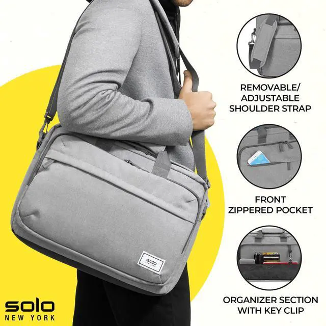 Alt view image 2 of 5 - Solo New York Briefcase - Laptop Carrying Bag for Women & Men, Brief for Travel & Work, Front Zippered Pocket, Adjustable Shoulder Strap, Fits 15.6" Computer - Re:New, Gray