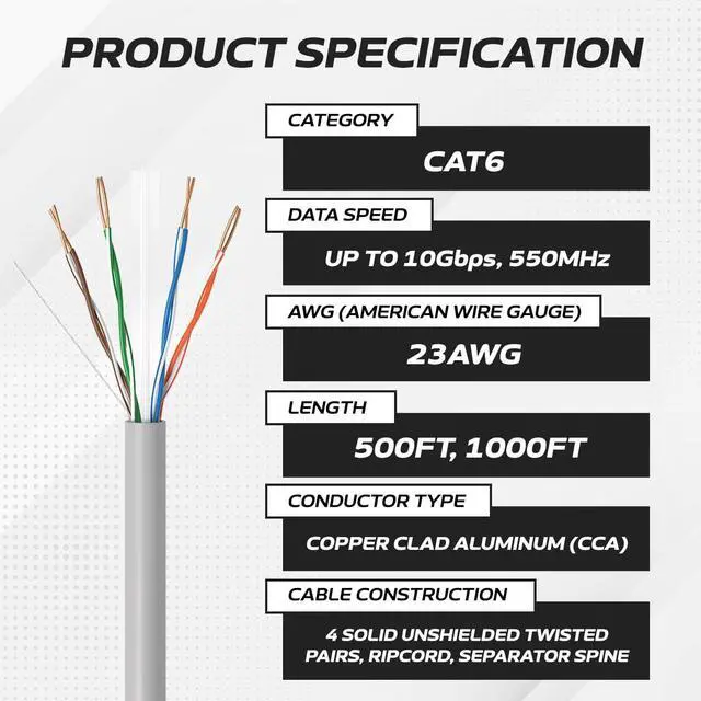 Alt view image 2 of 5 - Cables Direct Online CAT6 Cable 1000ft Pull Box Solid Ethernet LAN UTP Cable 23AWG 550Mhz RJ45 Network CCA Copper Clad Aluminum Wire Bulk (Gray)