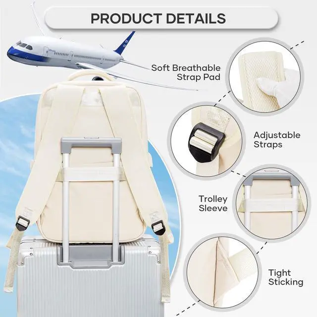 Alt view image 3 of 5 - vivatote Travel Backpack for Men Women, 40L Carry On Backpacks with Pump Vacuum Compression System, Built-in USB Charger Port, Laptop Compartment 15.6 Inch, Flight Approved Business Back Pack, Beige