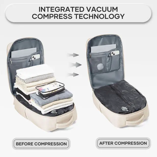 Alt view image 4 of 5 - vivatote Travel Backpack for Men Women, 40L Carry On Backpacks with Pump Vacuum Compression System, Built-in USB Charger Port, Laptop Compartment 15.6 Inch, Flight Approved Business Back Pack, Beige