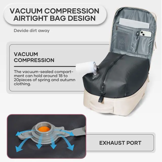 Alt view image 5 of 5 - vivatote Travel Backpack for Men Women, 40L Carry On Backpacks with Pump Vacuum Compression System, Built-in USB Charger Port, Laptop Compartment 15.6 Inch, Flight Approved Business Back Pack, Beige
