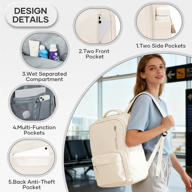 Alt view image 2 of 5 - vivatote Travel Backpack for Men Women, 40L Carry On Backpacks with Pump Vacuum Compression System, Built-in USB Charger Port, Laptop Compartment 15.6 Inch, Flight Approved Business Back Pack, Beige