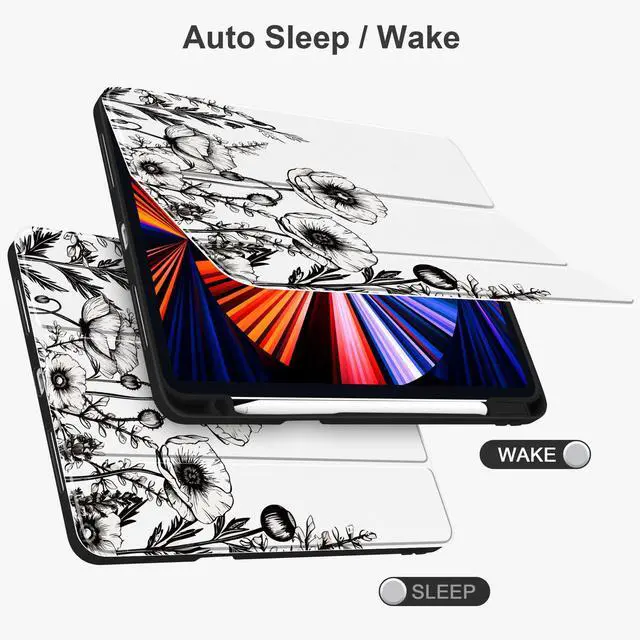 Alt view image 3 of 5 - Yebiseven Case for iPad Air 5th/Air 4th Generation 2022 2020, Clear Acrylic Back Shell for iPad Air 10.9 inch, Shockproof Tablet Case with Auto Sleep/Wake + Pencil Holder, Nature Floral