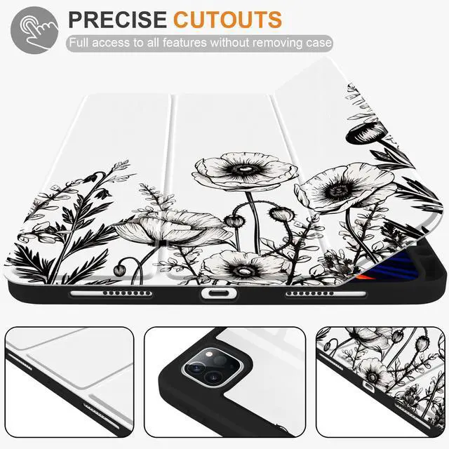 Alt view image 5 of 5 - Yebiseven Case for iPad Air 5th/Air 4th Generation 2022 2020, Clear Acrylic Back Shell for iPad Air 10.9 inch, Shockproof Tablet Case with Auto Sleep/Wake + Pencil Holder, Nature Floral