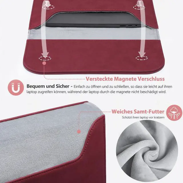 Alt view image 4 of 5 - HYZUO 15-16 Inch Laptop Sleeve for MacBook Pro 16 M4/M3/M2/M1 A3403 A3186 A2991 A2780 2025-2019, MacBook Pro 15 2015-2012 A1398, XPS 15, Faux Suede Leather Case with Accessory Bag, Wine Red