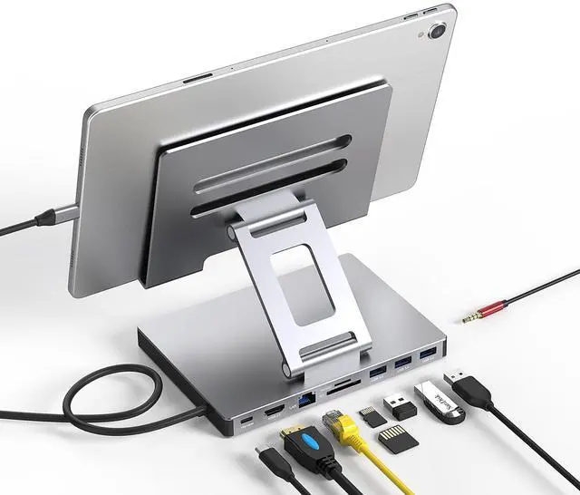 Main image of Aluminum Stand with 9-in-1 Type C Dock,100W PD,4K HDMI, Foldable for iPad Pro/Air, All-in-One Docking Station & Adjustable Holder, USB 3.0/Ethernet/SD Reader