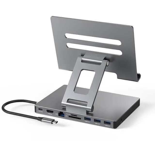 Alt view image 2 of 5 - Aluminum Stand with 9-in-1 Type C Dock,100W PD,4K HDMI, Foldable for iPad Pro/Air, All-in-One Docking Station & Adjustable Holder, USB 3.0/Ethernet/SD Reader