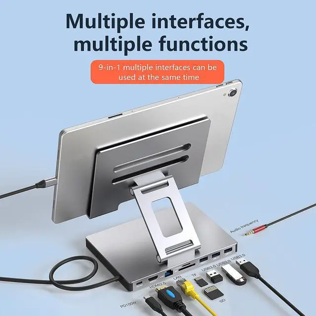 Alt view image 5 of 5 - Aluminum Stand with 9-in-1 Type C Dock,100W PD,4K HDMI, Foldable for iPad Pro/Air, All-in-One Docking Station & Adjustable Holder, USB 3.0/Ethernet/SD Reader