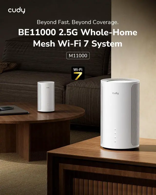 Alt view image 2 of 5 - Cudy Tri-Band WiFi 7 BE11000 Whole Home Mesh System, 6-Stream 10 Gbps, 4 × 2.5G Ports, MU-MIMO, Multi-VPN, Cudy APP, Smart Internal Antennas, M11000 2-Pack