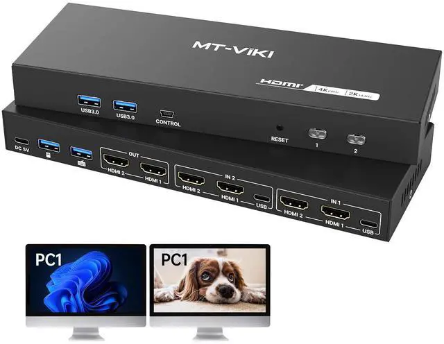 Main image of MT-VIKI HDMI KVM Switch 2 Monitors 2 Computers 4K@60Hz, USB3.0 HDMI KVM Switch Dual Monitor with 4 USB 3.0 Ports Sharing Keyboard/Mouse/Printer