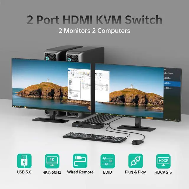 Alt view image 2 of 5 - MT-VIKI HDMI KVM Switch 2 Monitors 2 Computers 4K@60Hz, USB3.0 HDMI KVM Switch Dual Monitor with 4 USB 3.0 Ports Sharing Keyboard/Mouse/Printer