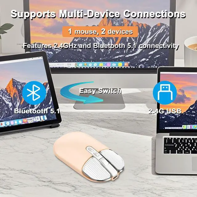 Alt view image 2 of 5 - Wireless Mouse Bluetooth Cute Ultra Slim Silent Computer Mice with USB Receiver Dual-Mode 2.4G & Bluetooth Rechargeable Portable USB Cordless Mouse for Laptop PC Tablet Kids Adults Gift, Milk Tea