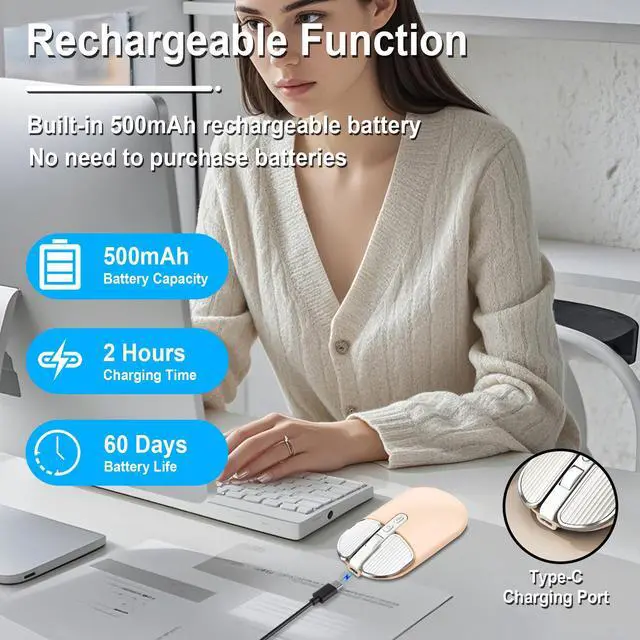 Alt view image 5 of 5 - Wireless Mouse Bluetooth Cute Ultra Slim Silent Computer Mice with USB Receiver Dual-Mode 2.4G & Bluetooth Rechargeable Portable USB Cordless Mouse for Laptop PC Tablet Kids Adults Gift, Milk Tea