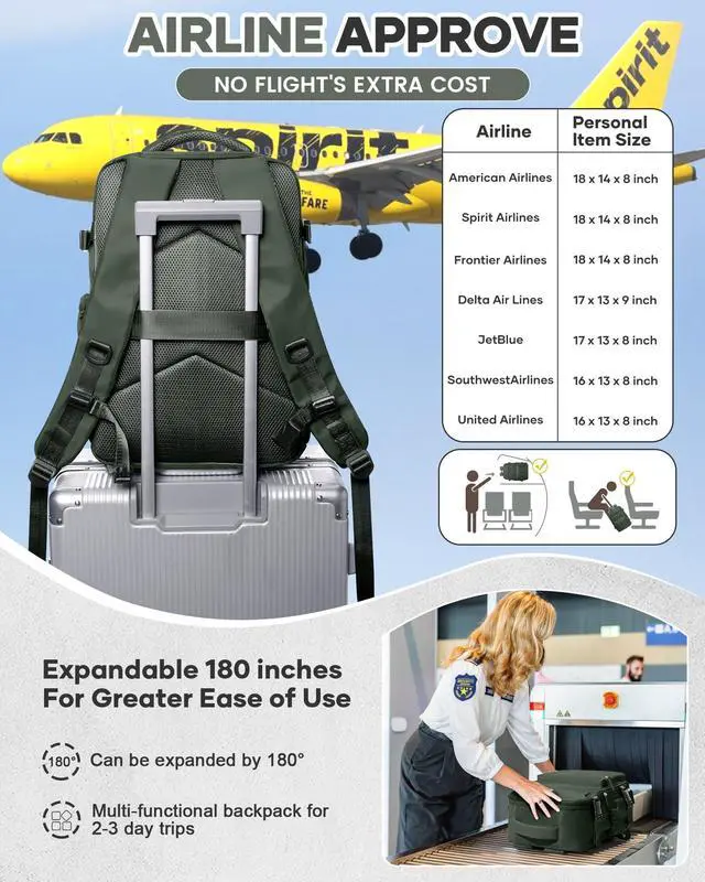 Alt view image 2 of 5 - Vacuum Travel Backpack with Pump for Women,Personal Item Carry on Backpacks Flight Approved 18x14x8 inches for Men,Laptop Waterproof Work Compression bags Casual Daypack Green.