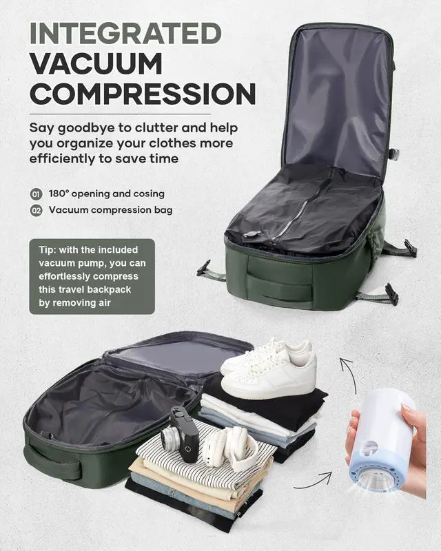 Alt view image 4 of 5 - Vacuum Travel Backpack with Pump for Women,Personal Item Carry on Backpacks Flight Approved 18x14x8 inches for Men,Laptop Waterproof Work Compression bags Casual Daypack Green.