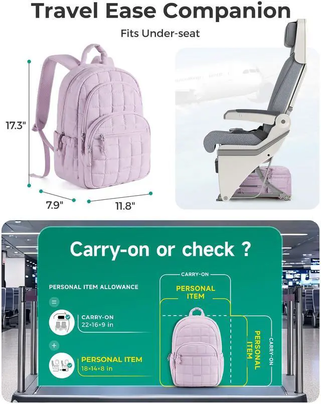 Alt view image 4 of 5 - BAGSMART College Laptop Backpack, Travel Backpack for Women, Quilted Casual Daypack, Water-Resistant Bookbag for 15.6 Inch Laptop, Lavender