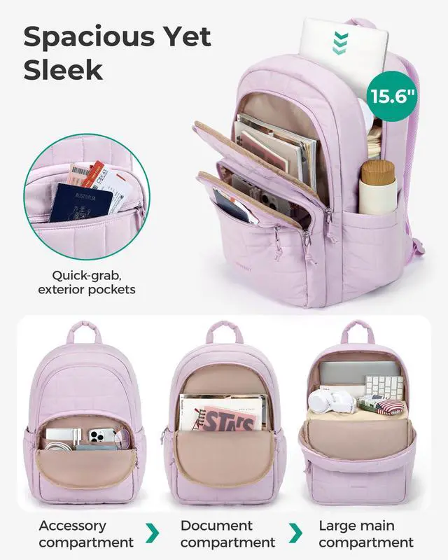 Alt view image 3 of 5 - BAGSMART College Laptop Backpack, Travel Backpack for Women, Quilted Casual Daypack, Water-Resistant Bookbag for 15.6 Inch Laptop, Lavender