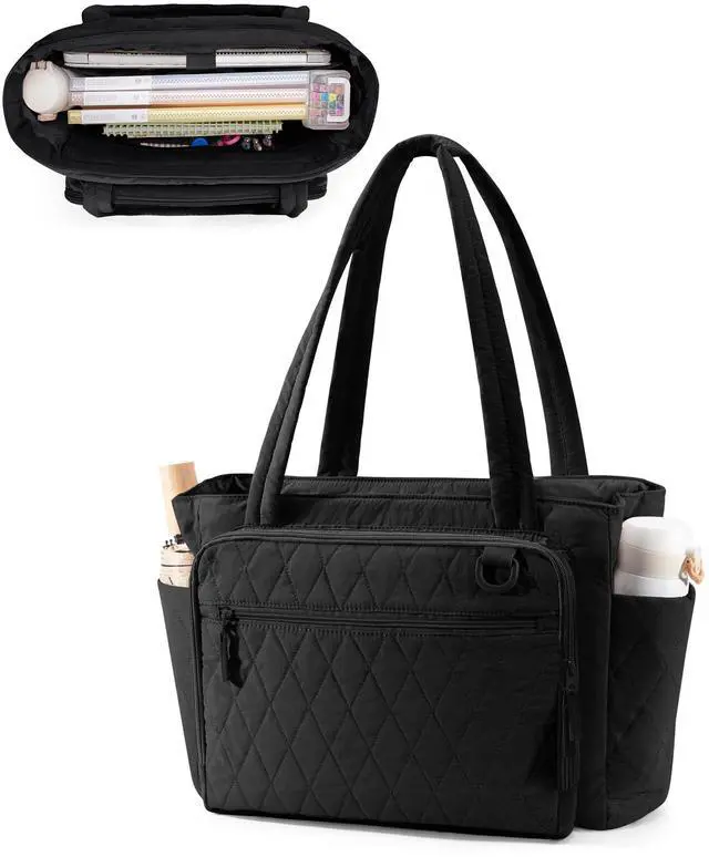 Main image of Yarwo Teacher Tote Bag with Accordion File Organizer Pocket, Ultralight Quilted Tote Bag for Women, 15.6 inch Laptop Work Handbag with Multiple Pockets for Daily Travel College Office Gym, Black