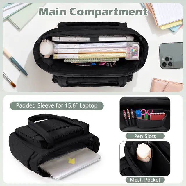 Alt view image 3 of 5 - Yarwo Teacher Tote Bag with Accordion File Organizer Pocket, Ultralight Quilted Tote Bag for Women, 15.6 inch Laptop Work Handbag with Multiple Pockets for Daily Travel College Office Gym, Black