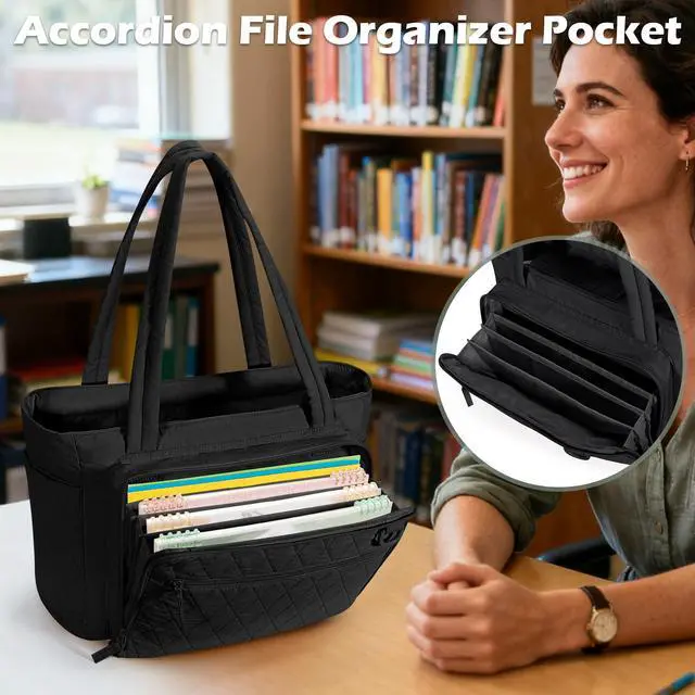 Alt view image 4 of 5 - Yarwo Teacher Tote Bag with Accordion File Organizer Pocket, Ultralight Quilted Tote Bag for Women, 15.6 inch Laptop Work Handbag with Multiple Pockets for Daily Travel College Office Gym, Black