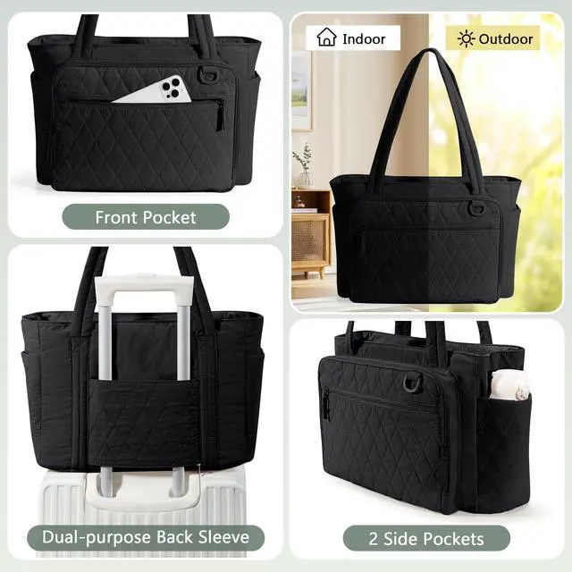 Alt view image 5 of 5 - Yarwo Teacher Tote Bag with Accordion File Organizer Pocket, Ultralight Quilted Tote Bag for Women, 15.6 inch Laptop Work Handbag with Multiple Pockets for Daily Travel College Office Gym, Black