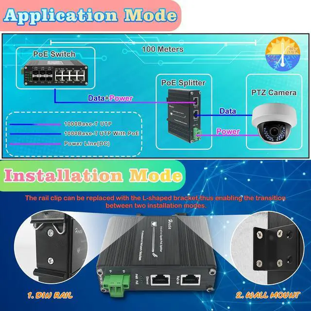 Alt view image 2 of 4 - Industrial Gigabit PoE+ Splitter 10/100/1000Mbps IEEE802.3af/at 36V DC Output for Non-PoE Devices Support DIN-Rail and Wall-Mount Installation (30W PoE Splitter)