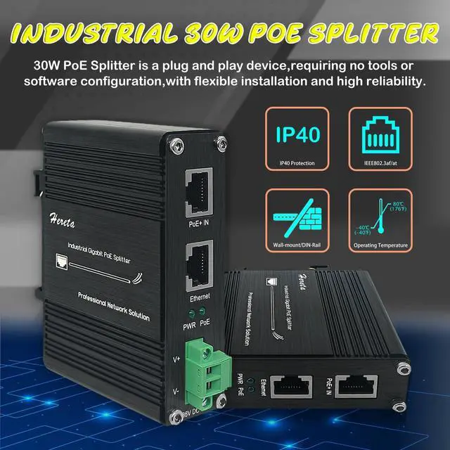 Alt view image 3 of 4 - Industrial Gigabit PoE+ Splitter 10/100/1000Mbps IEEE802.3af/at 36V DC Output for Non-PoE Devices Support DIN-Rail and Wall-Mount Installation (30W PoE Splitter)