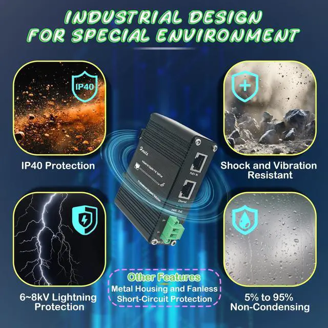 Alt view image 4 of 4 - Industrial Gigabit PoE+ Splitter 10/100/1000Mbps IEEE802.3af/at 36V DC Output for Non-PoE Devices Support DIN-Rail and Wall-Mount Installation (30W PoE Splitter)