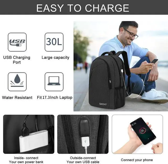 Alt view image 3 of 5 - SMONT 17 Inch Large Laptop Backpack for Men, Mens Business Bookbag for Computer Office Tech Commuter Work with USB Charging Port Anti Theft Water Resistant Dark Grey