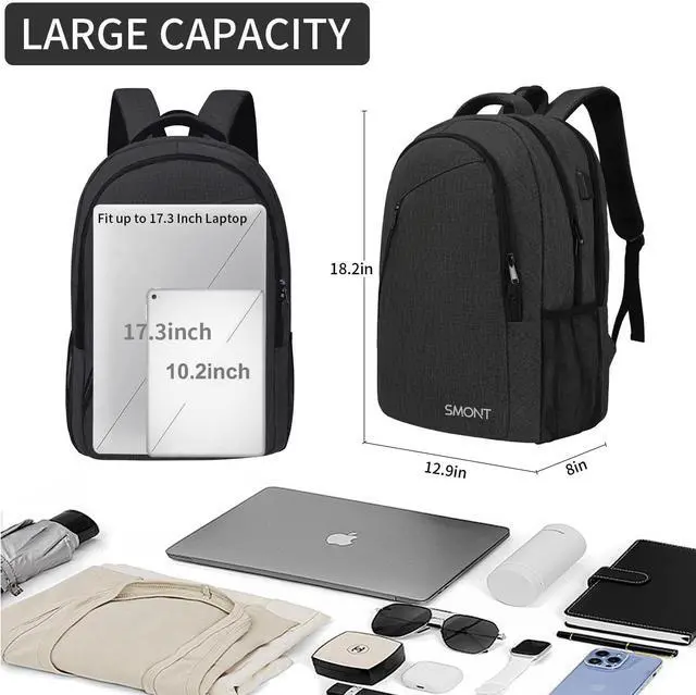Alt view image 5 of 5 - SMONT 17 Inch Large Laptop Backpack for Men, Mens Business Bookbag for Computer Office Tech Commuter Work with USB Charging Port Anti Theft Water Resistant Dark Grey