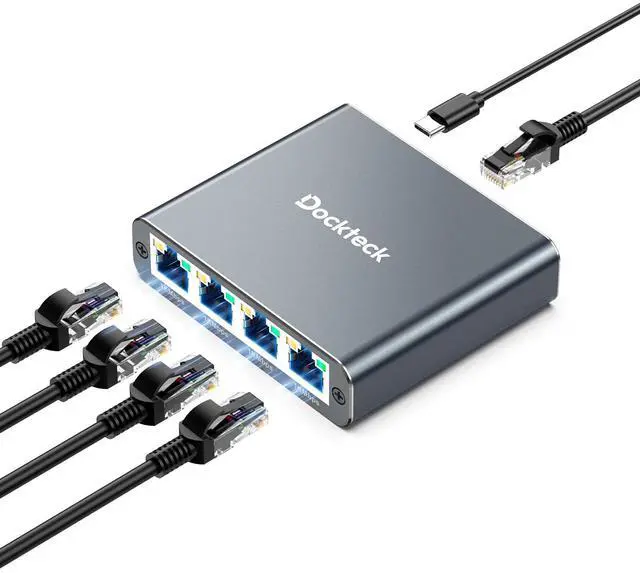 Main image of Ethernet Splitter 1 to 4 1000Mbps, Dockteck Internet Cable Splitter 1 in 4 Out High Speed Switch Network Gigabit for LAN RJ45 Port Router Switch Work with Cat5/5e/6/7/8 Cable (Silver Grey)