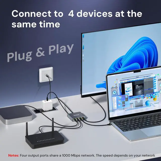 Alt view image 5 of 5 - Ethernet Splitter 1 to 4 1000Mbps, Dockteck Internet Cable Splitter 1 in 4 Out High Speed Switch Network Gigabit for LAN RJ45 Port Router Switch Work with Cat5/5e/6/7/8 Cable (Silver Grey)