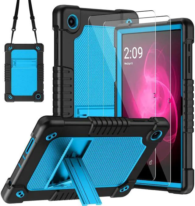 Main image of JBuwsdan for T-Mobile Revvl Tab 2 2025 10.1 inch Case with Kickstand Shoulder Strap Soft Silicone+Hard Back Hybrid Shockproof CCover Includes 2 PCS Tempered Glass Screen Protector (BlackBlue+2Pcs)