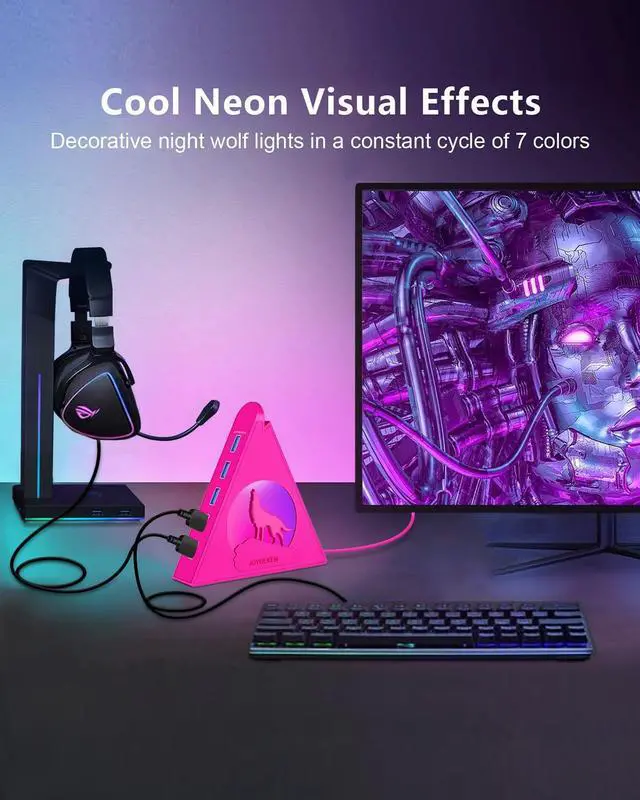 Alt view image 5 of 5 - 7-Port USB 3.0 Hub, JoyReken RGB USB Hub with RGB Night Light and 2ft Cable, USB Hub 3.0 Pink USB Expander for Laptop, PC, Flash Drive, HDD, Console, Printer, Keyboard, Mouse (Hot Pink)